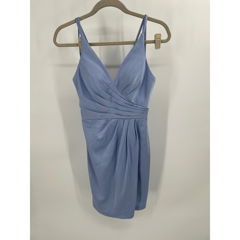 Faviana Periwinkle Blue Pleated V-Neck Cocktail Dress Size 2 Mini Formal Wrap